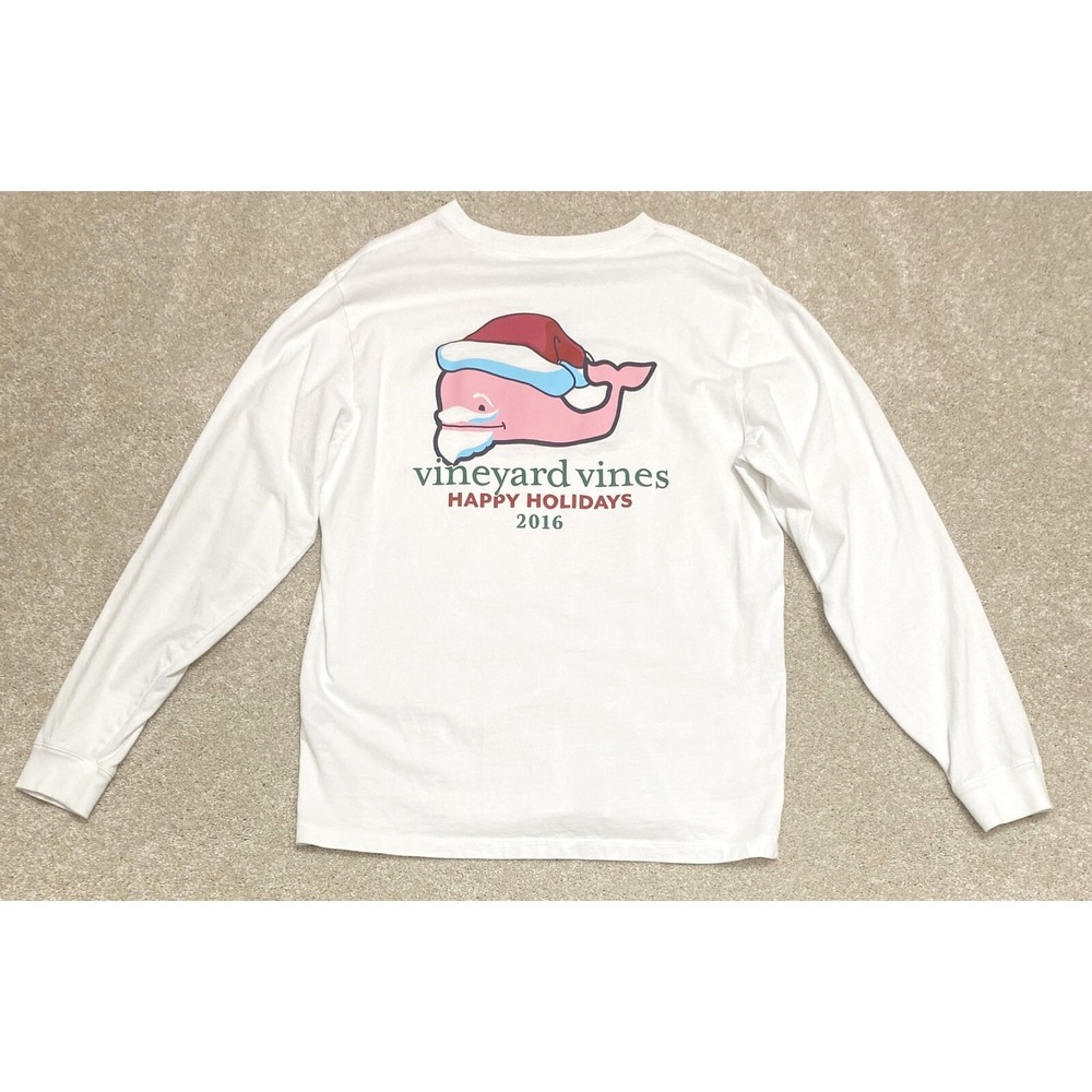 Vineyard Vines T Shirt Mens Small White T-Shirt Long Sleeve Whale Happy Holidays - Picture 2 of 5